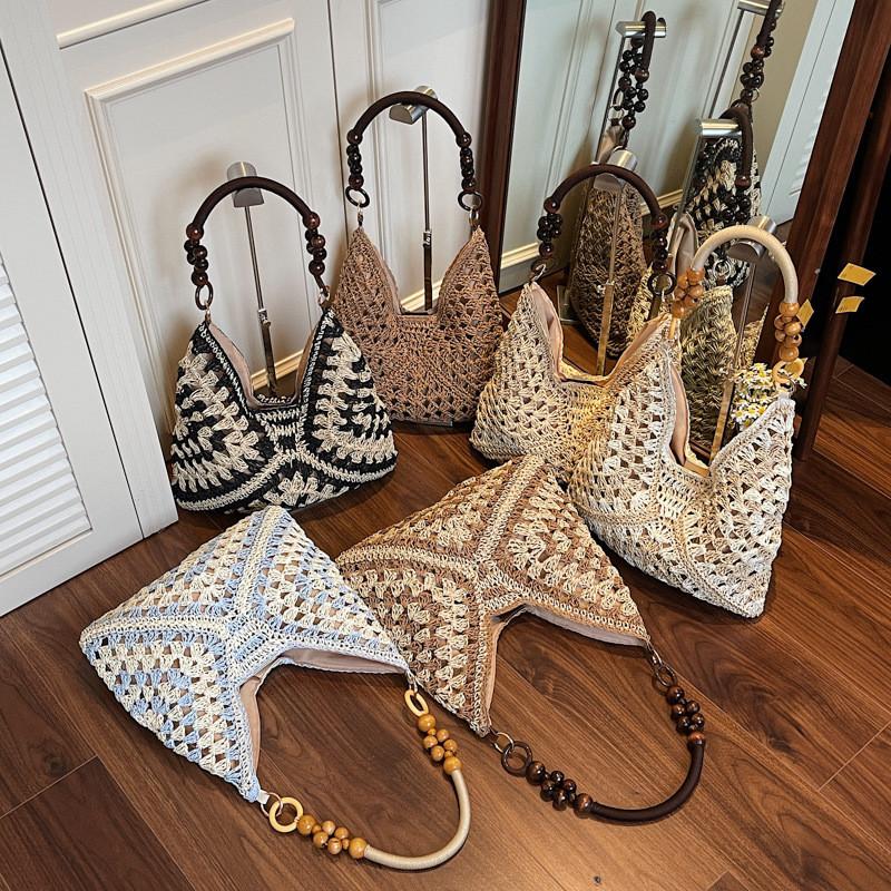 Woven Tote Bag For Women Summer Beach Fashion Large Capacity With Color Blocked Bead Decoration