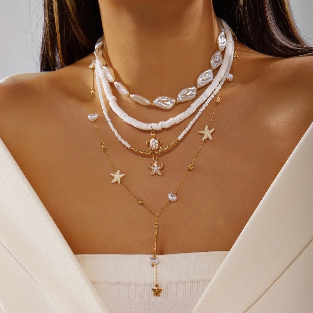 4Pcs/Set Vintage Boho Starfish Pendant Necklace Imitation Pearl Beads Clavicle Chain Multilayer Shell Choker Jewelry