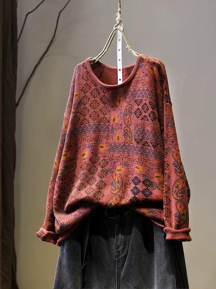 Johnature Vintage Print Loose Casual O-Neck Sweater Woman Winter Niche Long Sleeves Retro Personality Sweaters