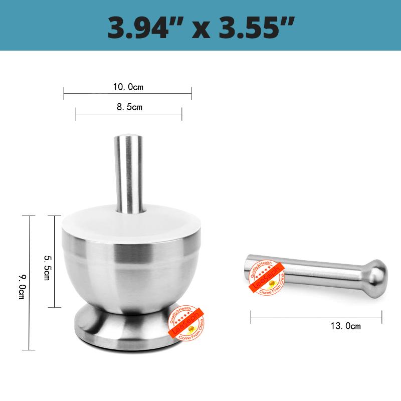 18/8 Stainless Steel Mortar and Pestle Spice Grinder with Silicone Dust Cover, Anti Slip Base and Comfy Grip - Dishwasher Safe