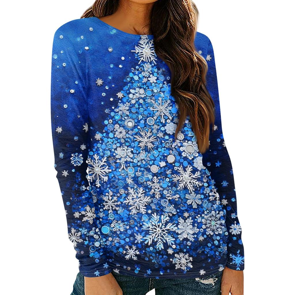 Женская мода круглый вырез пуловер с глубокими рукавами футболка с рождественским принтом топ