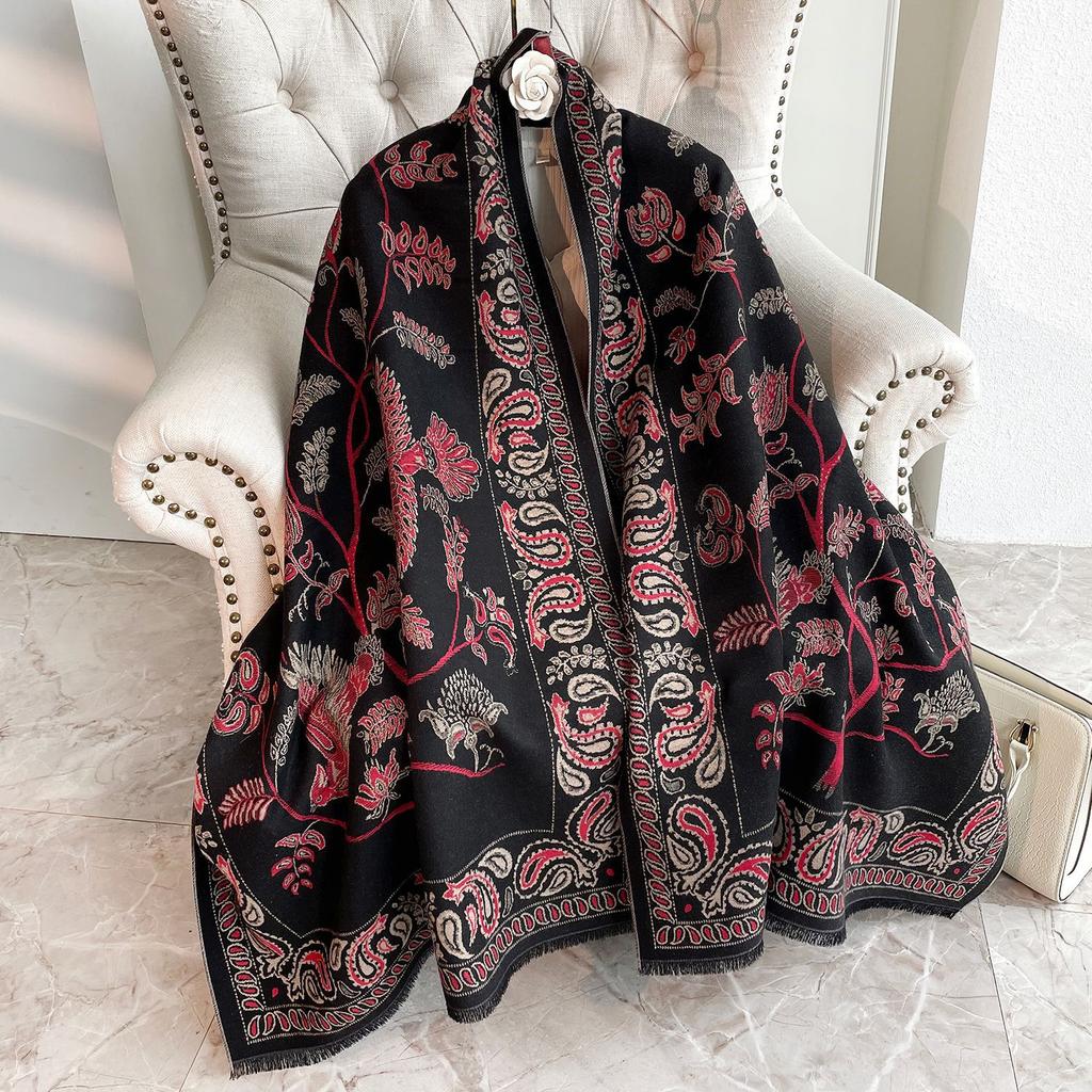 Winter New Cashew Flower Imitation Cashmere Warm Fringed Scarf Women's Fashion Short Beard Air-conditioned Room Shawl Outside