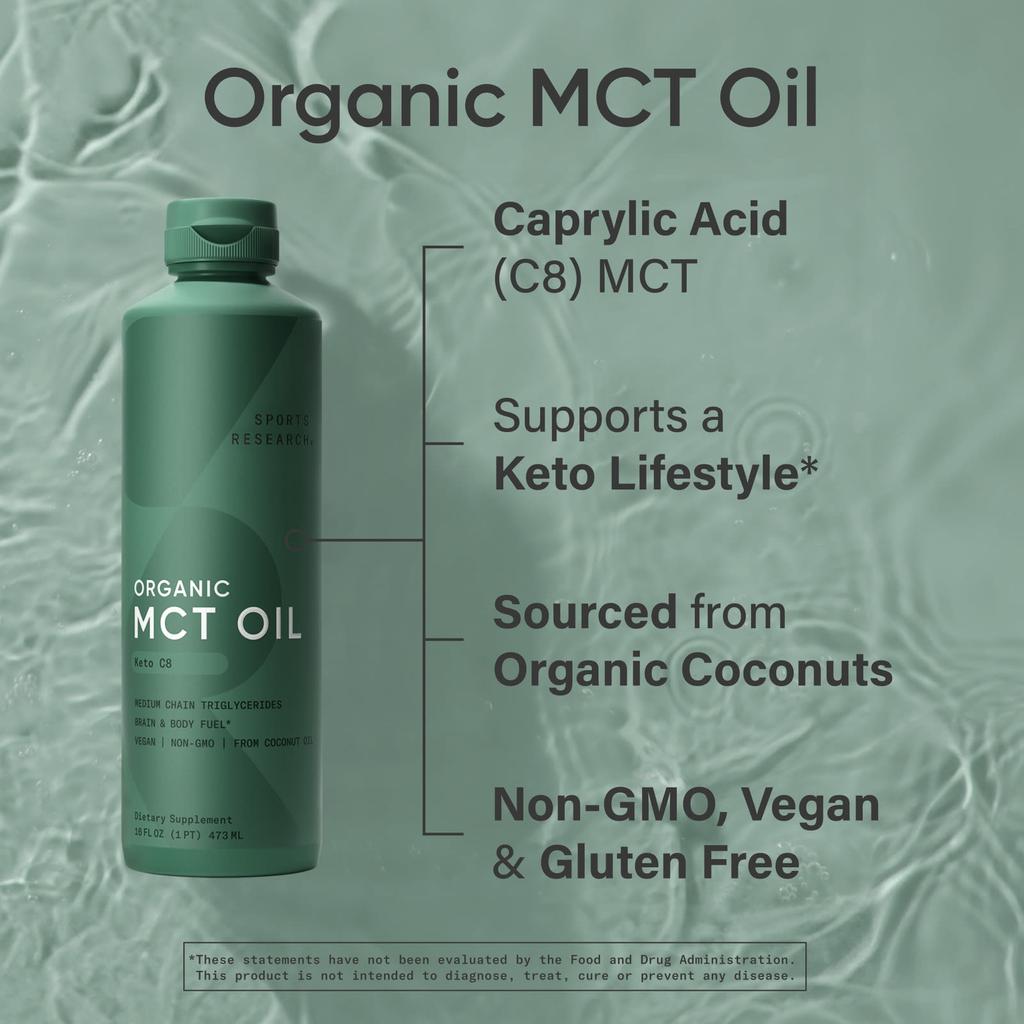 Sports Research Organic MCT C8 Oil, Unflavored, 16 Fl Oz (473 Ml)