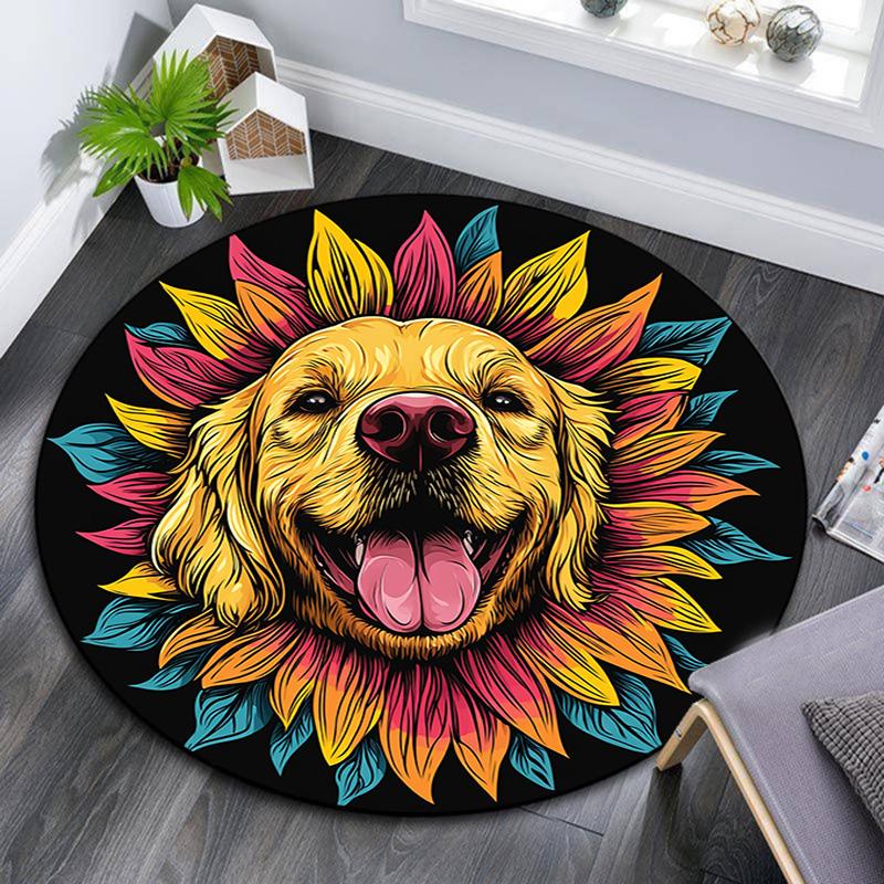 Golden Retriever Sunflower Round Area Rug,Carpet Rug for Living Room Bedroom Sofa Playroom Decor,Non-slip Floor Mat