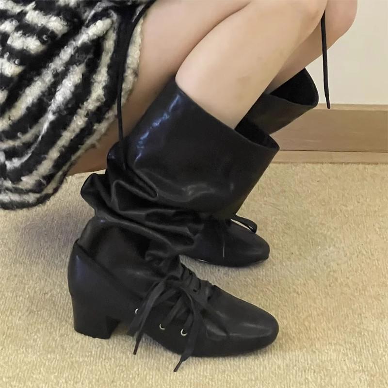 Retro Straps, New Niche Design Pants Boots, Thick Heel Thick-soled Boots, But Knee-pointed Lace-up Knight Boots