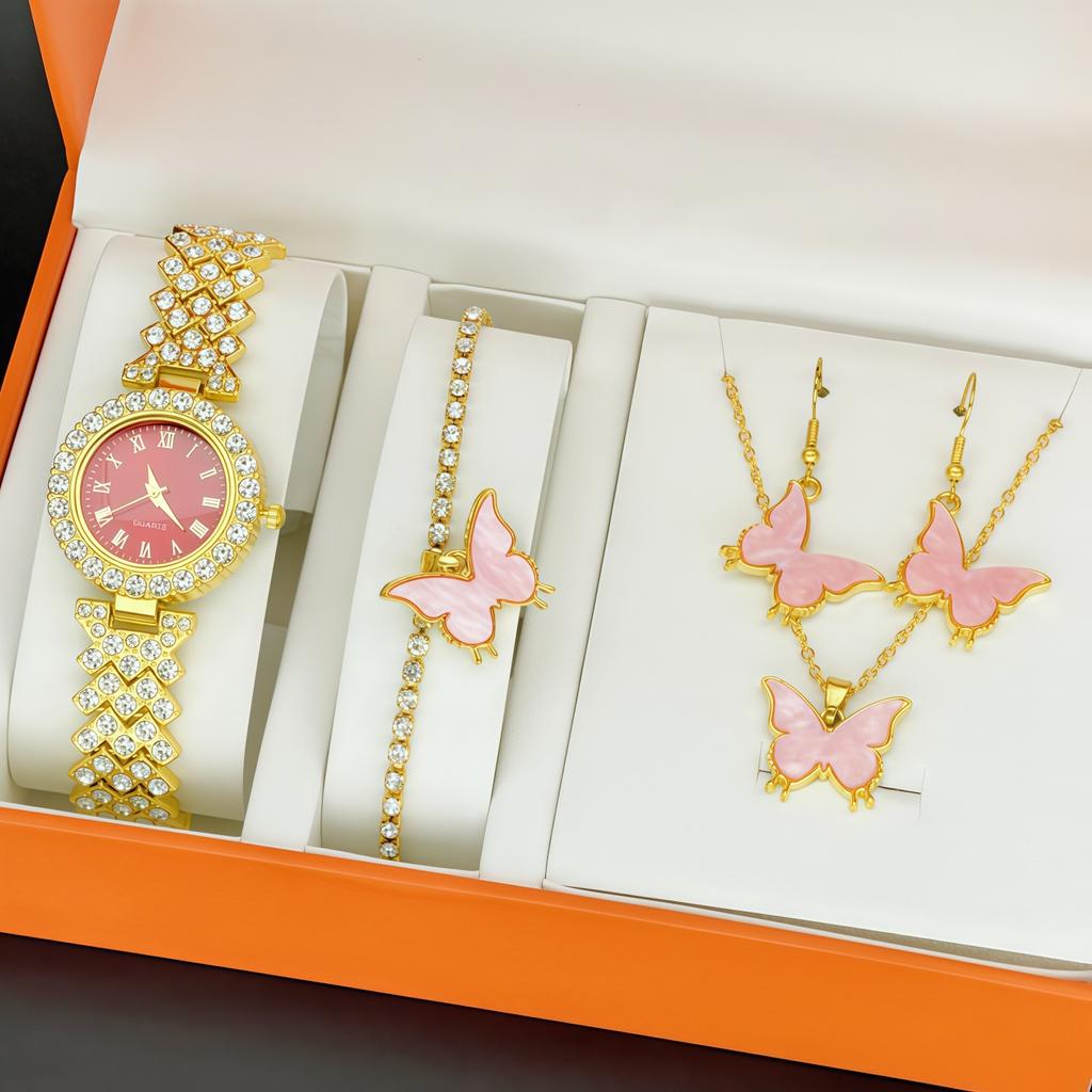 Ladies Fashion Diamond Set Watch Set Gift Box, Butterfly 5Pcs Jewelry Roman Bracelet Gold Watch