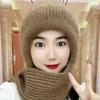 Women Winter Hat with Scarf Thick Warm Plush Windproof Cycling Headwear Solid Color Elastic