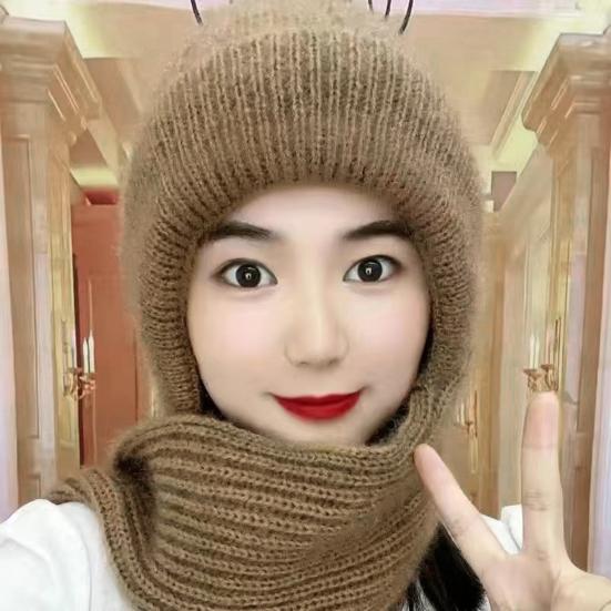 Women Winter Hat with Scarf Thick Warm Plush Windproof Cycling Headwear Solid Color Elastic