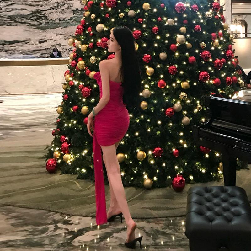 Flower Tube Top Dress, Femininity, Socialite Birthday Evening Dress, Waist Sexy Hip Wrap Short Skirt, Elegant Temperament