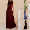 Женское платье для выпускного вечера без рукавов с высокой тонкой талией и боковым разрезом шелковистый воротник-стойка сплошной цвет прямое вечернее платье длиной до щиколотки бальное платье макси