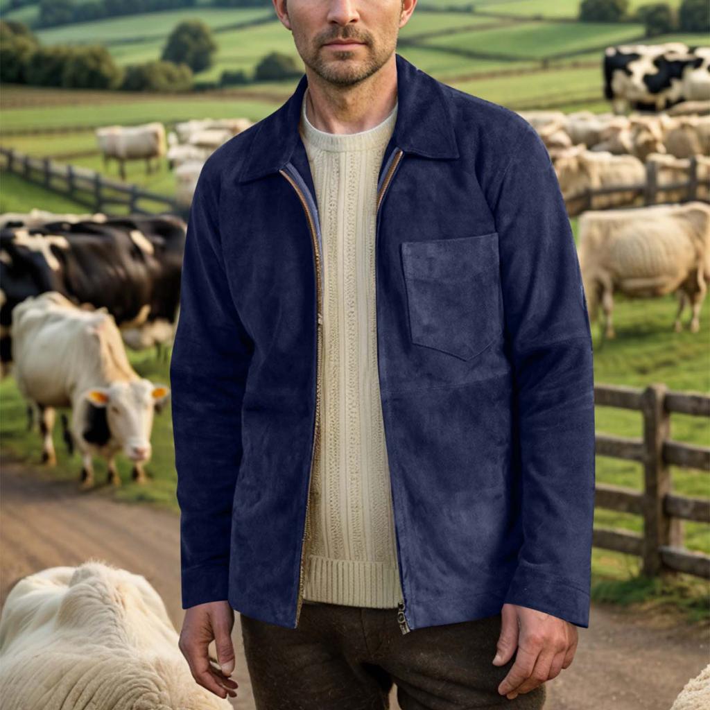 Мужская однотонная замшевая повседневная приталенная куртка с карманами, лацканами и молнией