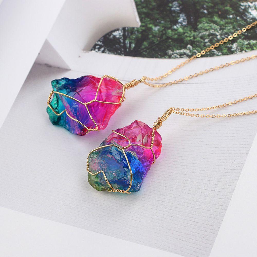 Gold Plated Chakra Quartz Jewelry Natural Crystal Pendant Necklace Irregular Rainbow Stone