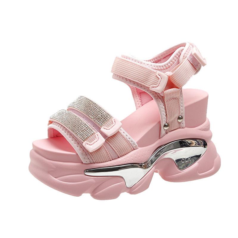 Модная женская летняя обувь с открытым носком на платформе и танкетке, босоножки на липучке 2024, женская спортивная повседневная обувь, пляжные сандалии со стразами, женские