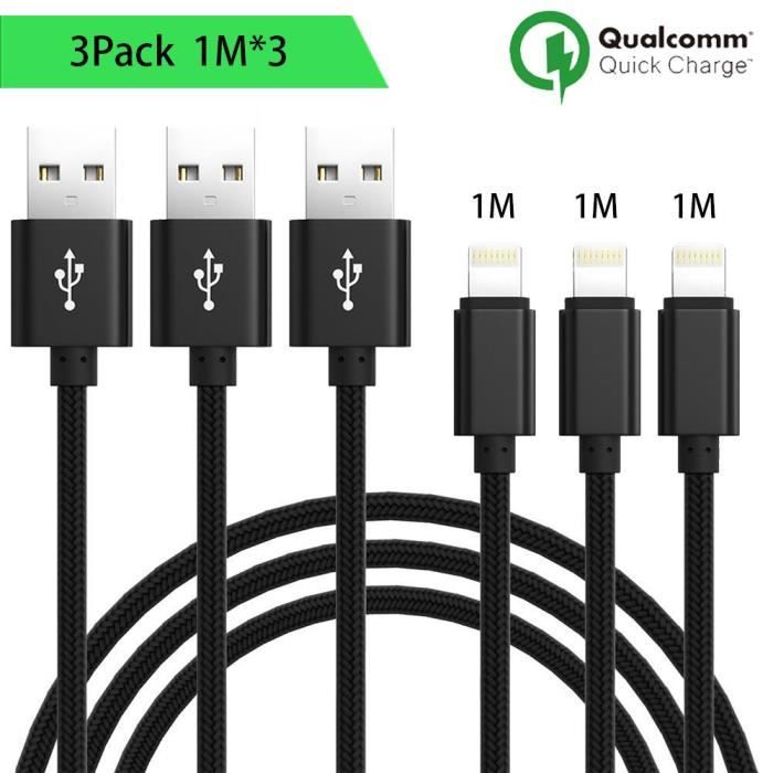 Cable for iPhone - Unspecified - Set of 3 - 1M - Black Nylon - Compatible with Multiple Models