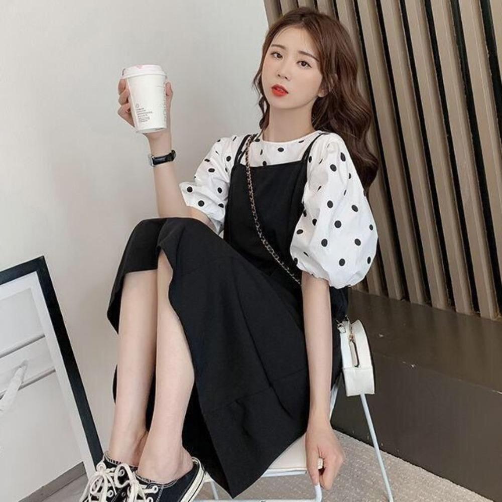A-line Suspenders Dresses Women Dot T shirt Dress All-match Two Piece Set Dress Student