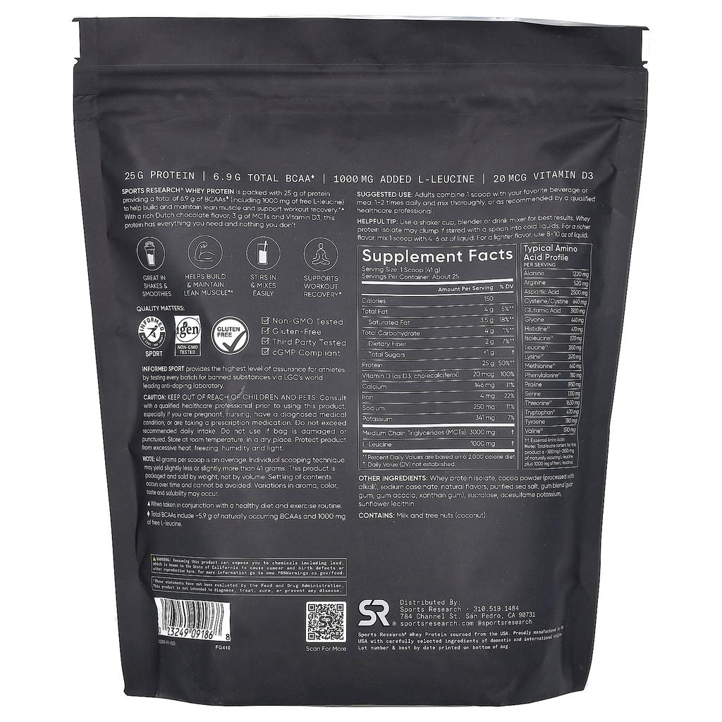 Sports Research Whey Protein, Dutch Chocolate, 2.26 Lb (1.03 Kg)