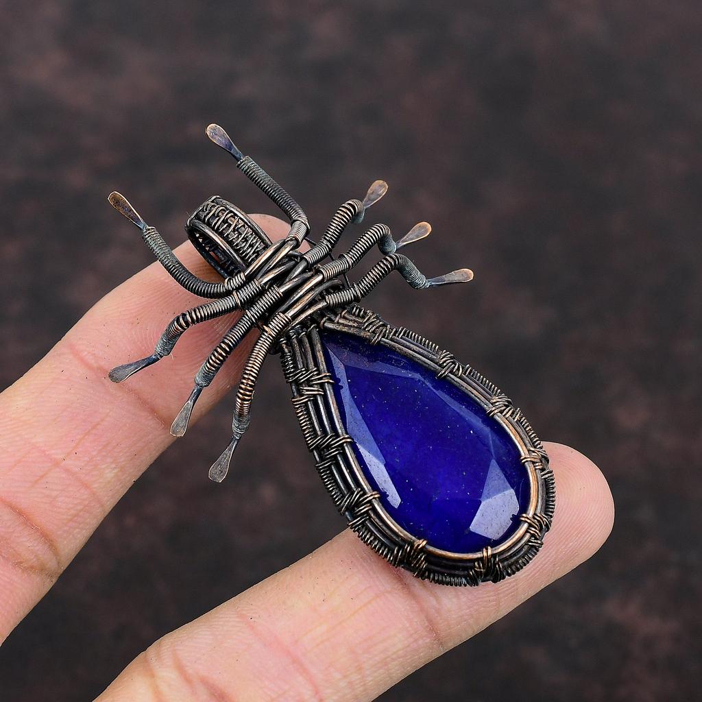 Faceted Blue Sapphire Pendant Copper Wire Wrapped Pendant Handmade Pendant Copper Wire Wrap Jewelry Gift For Mother Gemstone Spider Pendant