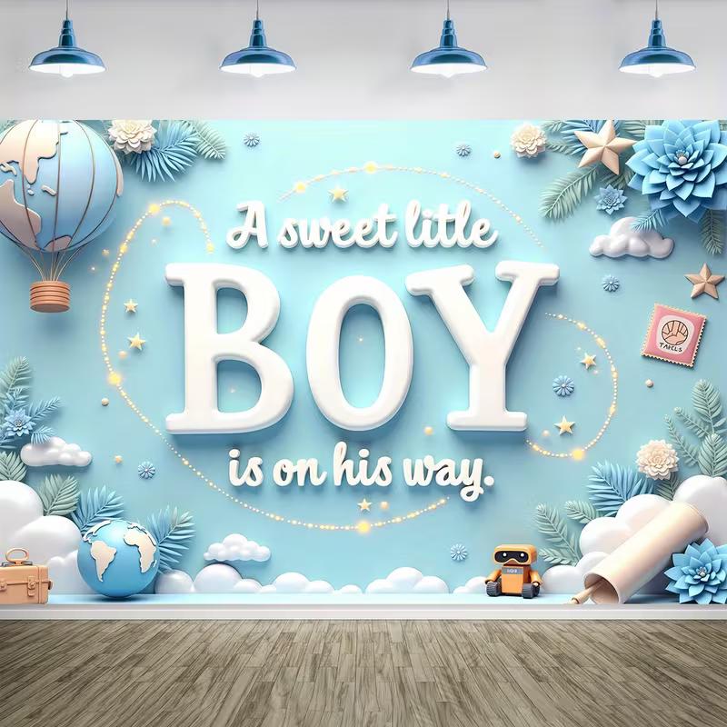 Милый Гобелен для Мальчика, Мягкий Синий Фон с Надписью "BOY", Воздушный Шар и Причудливый Декор, Милое Настенное Искусство для Детской