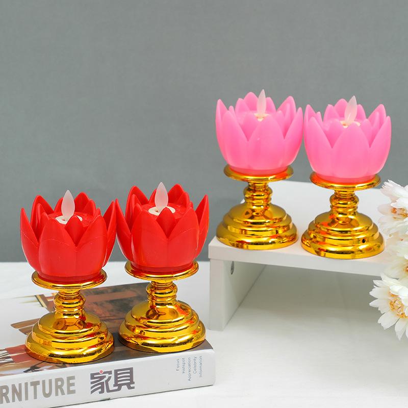 2-Pack Temple Flameless LED Lotus Candle with Base Safe and Smokeless Electronic Candle for Party Buddha-karya Festival