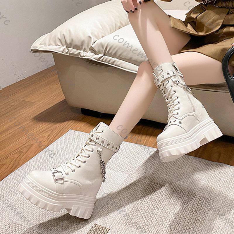 Fashion Comemore Thick Bottom Knight Boots Fashion Chunky High Heeled Women Shoes Wedge Buckle Rivet Platform Motorcycle Ankle Boots