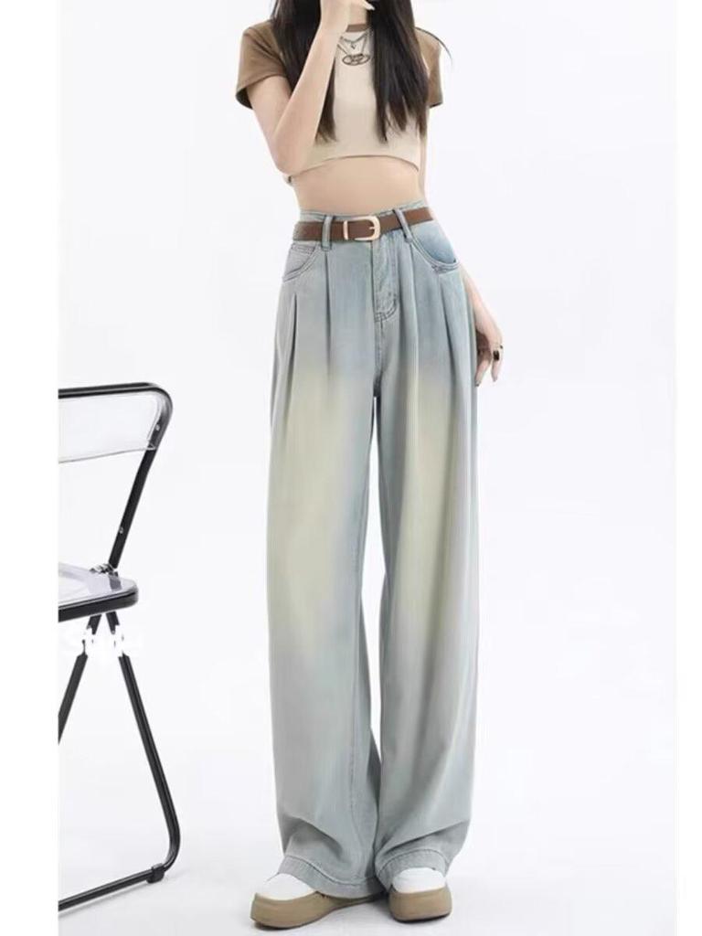 Women's Spring & Summer High-Waisted Light Blue Washed Wide-Leg Jeans - Slimming Pleated Floor-Length Design