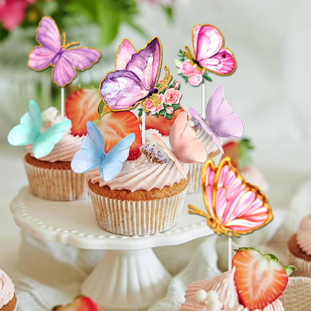 12/24pcs Butterfly flower Cake Topper Pink Purple Fairy Butterfly Cake Decoration Girl Birthday Wedding Party Decor Supplies