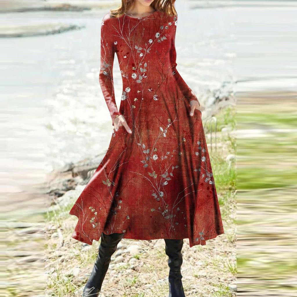 Women's Fashion Casual Printed Round Neck Pullover Slim Fitting Long Sleeve Dress