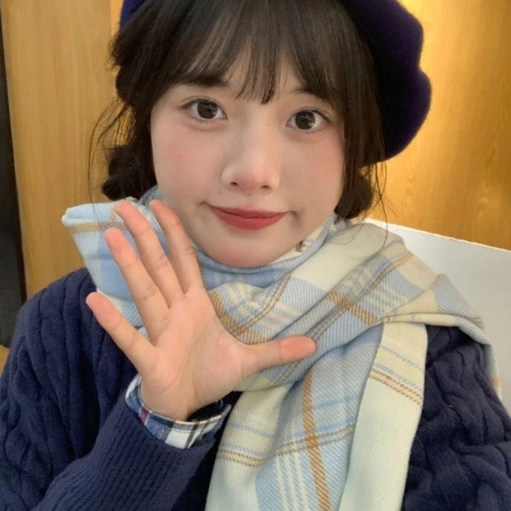 Korean Style Knitted Plaid Scarf Thickened Winter Cashmere Shawl Trendy Y2K Checkered Scarf Women
