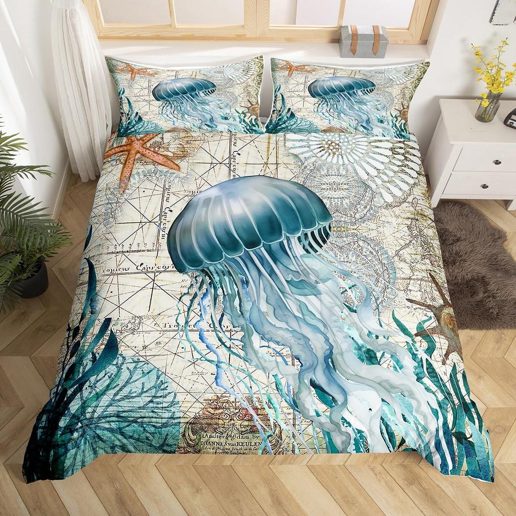 Erosebridal Mermaid Tail Comforter Cover,Kids Fish Scales Duvet Cover Twin,Girly Shell Starfish Bedding Set Ocean Life Sea Animal Bed Sets P