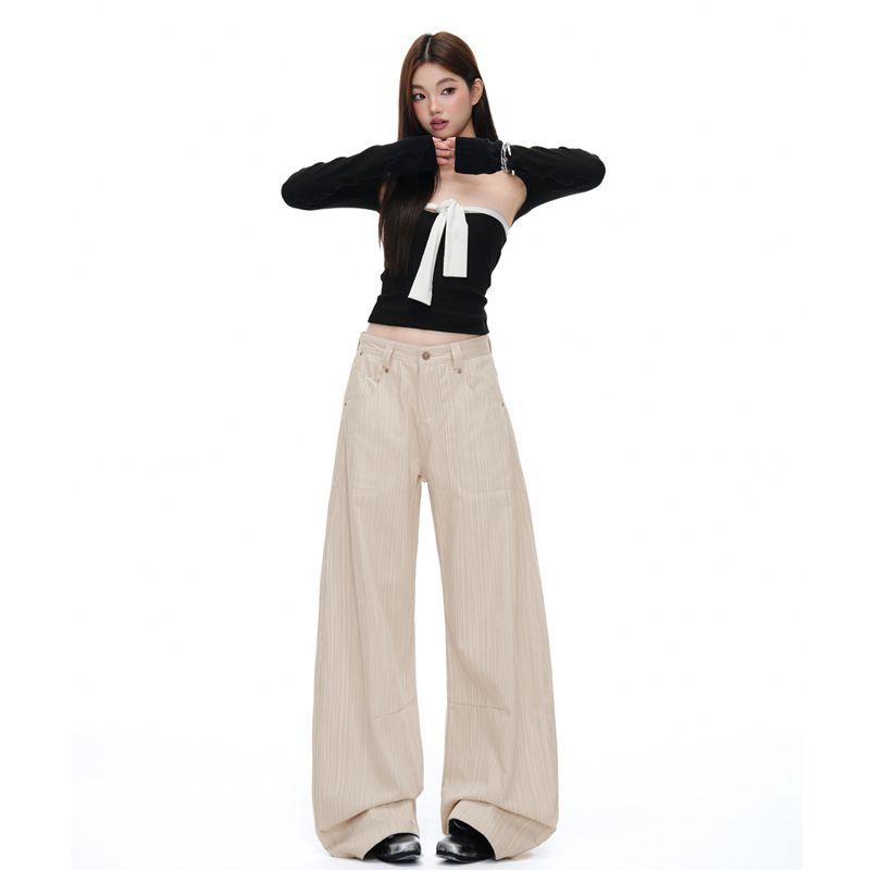 American retro texture jeans women's autumn silhouette scimitar three-dimensional cutting high-end wide-leg trousers