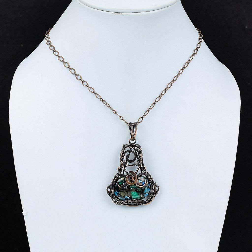 Медный Кулон Азурит Малахит Кулон Обмотан Медной Проволокой Ювелирное Изделие из Драгоценного Камня Высшего Качества Подарок для Нее Кулон Ручной Работы Ювелирное Изделие из Медной Проволоки