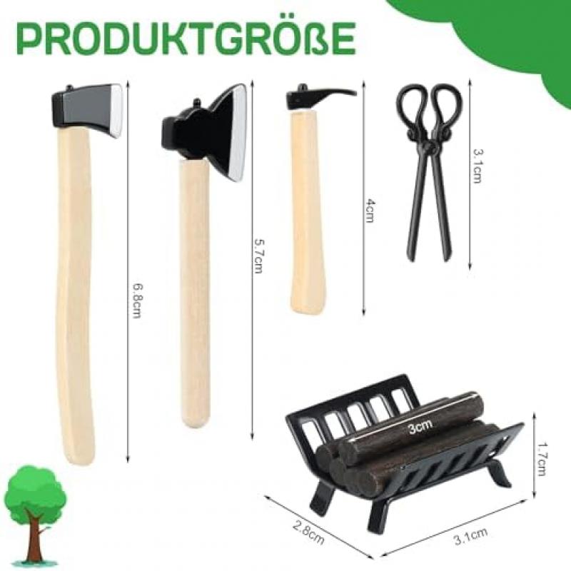 Wichtel Miniature Tool Set - 3 Piece Mini Axe with Firewood Accessories for Dollhouse, Miniature Models & Fairy Garden Decor