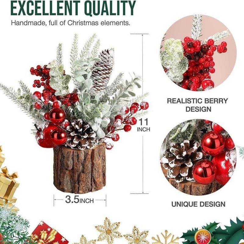 1pc Christmas Tabletop Tree Decor - Classic Snowy Pine Cone & Red Berries,Durable Holiday Centerpiece for Home/Family Gatherings