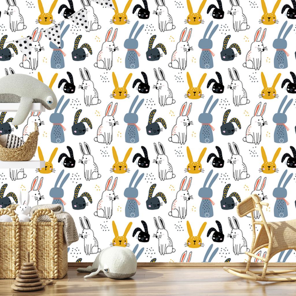 Wallpaper Rabbits on a white background for the living room and bedroom 50x1000