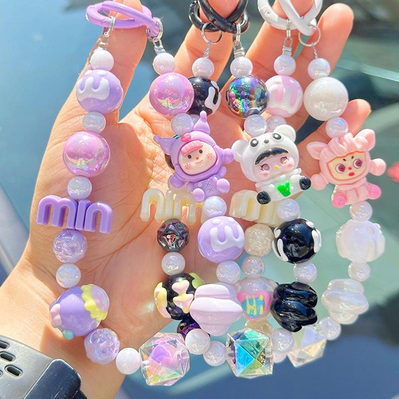 Cartoon Doll Min Letter Phone Lanyard Cute Candy Color Beaded Phone Chain Pendant Bracelet Keychain Anti Lost Phone Strap