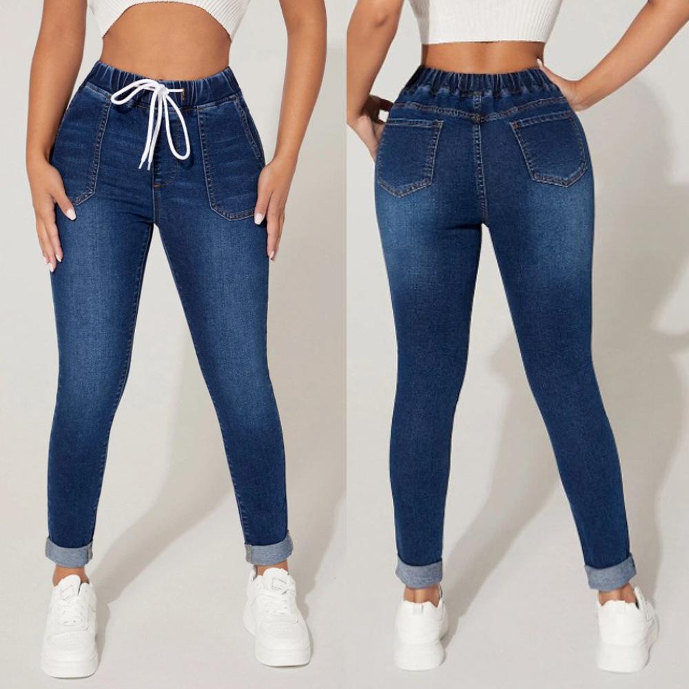 Women's Spring and Autumn Drawstring Elastic Waist Denim Jeans High Waist Stretch Pencil Pants Pantalones