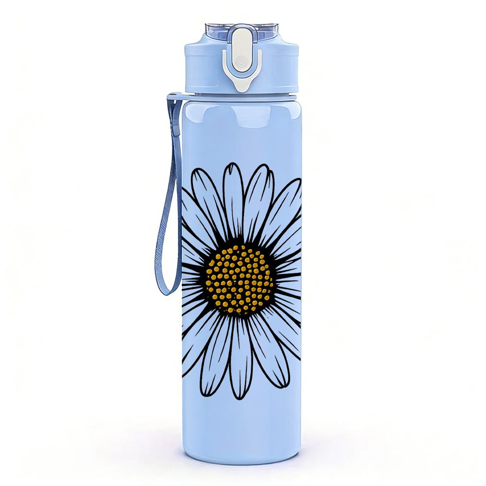 1PC Single White Daisy Flower 750ml Color Plastic Sports Water Bottle Leakproof Flip Straw Lid For Sports Office Home Use