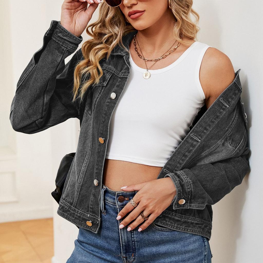 Женская модная универсальная классическая ретро джинсовая куртка однотонного цвета с лацканами, длинными рукавами и карманами