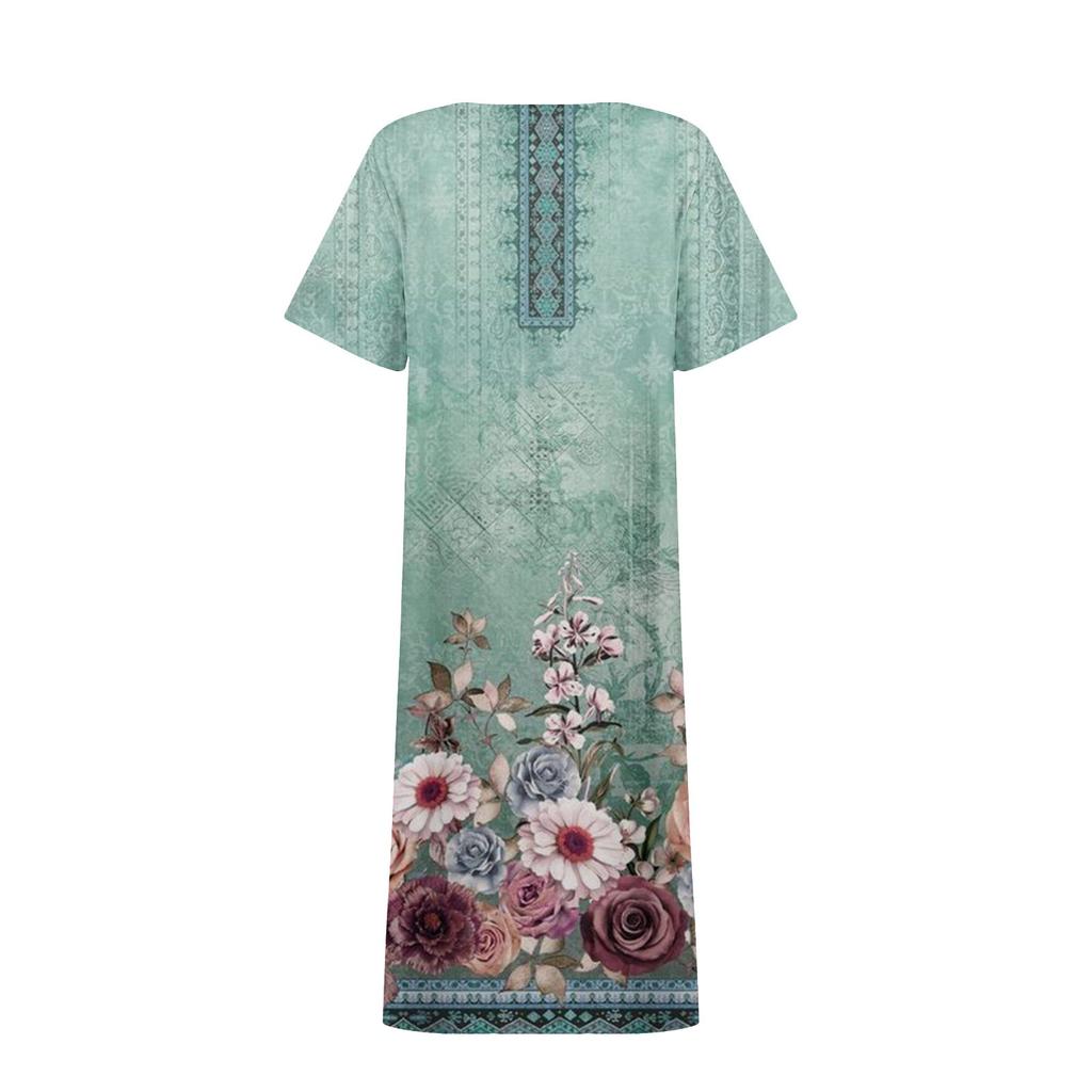 Women's Summer Casual Printed V-Neck Short-Sleeve Swing Dress