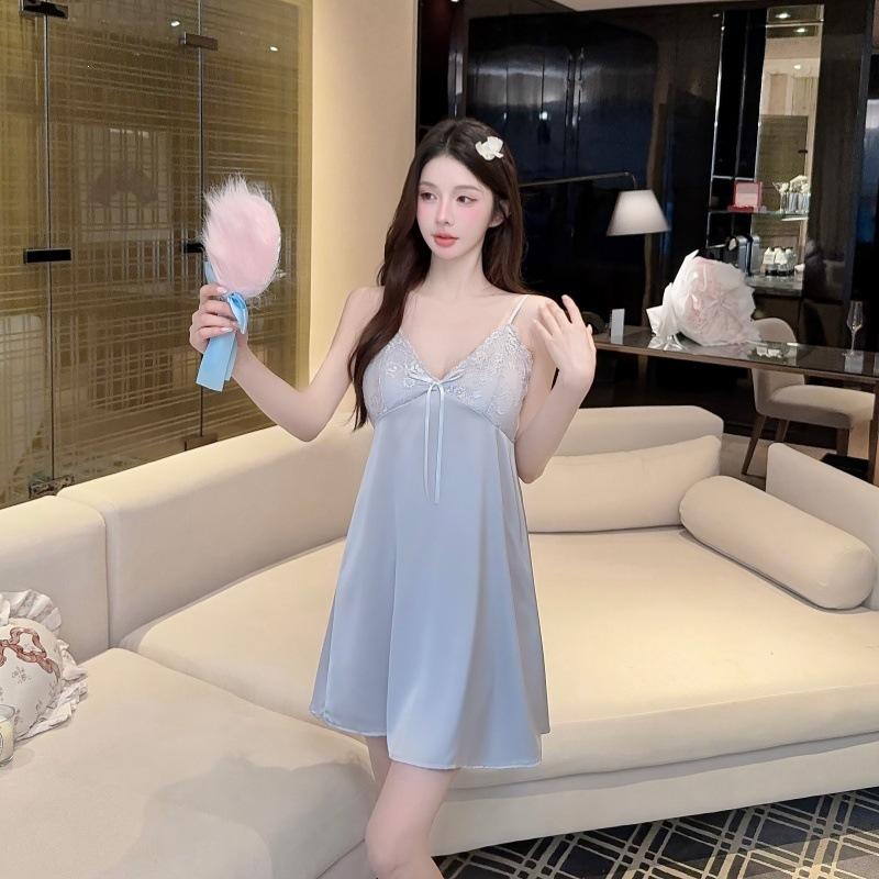 1011 new sexy ice silk nightgown women's summer with chest pad, advanced sense suspender nightgown, pure desire style pajamas, small fragrance