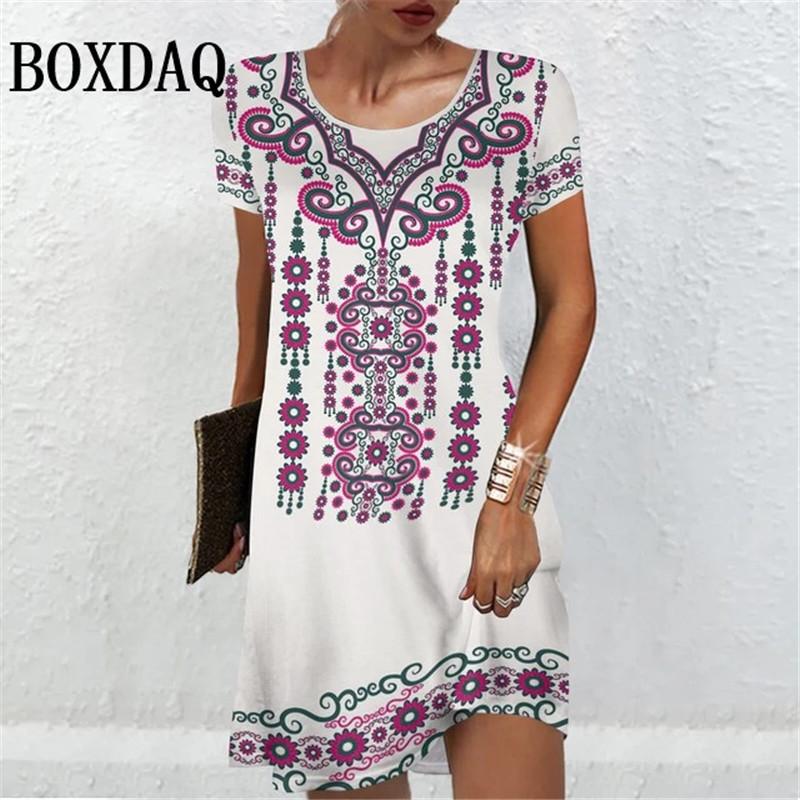 Женские платья с коротким рукавом, летняя женская одежда, винтажное модное платье трапециевидной формы с цветочным принтом, повседневные женские свободные платья больших размеров