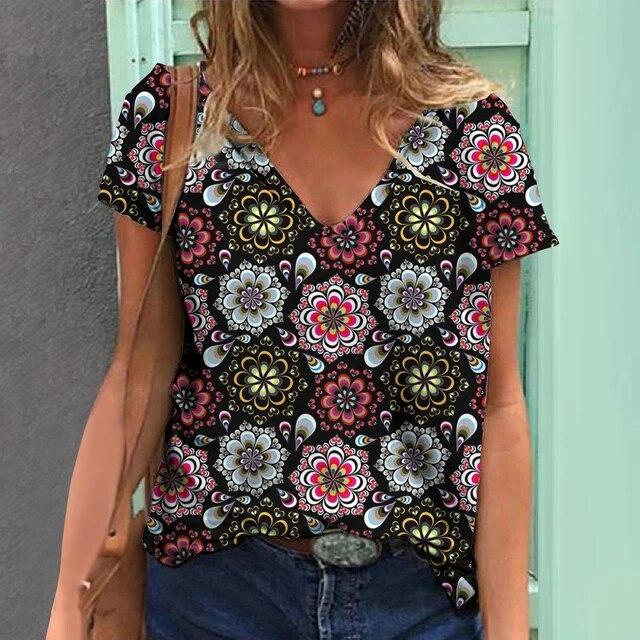 Женская футболка с v-образным вырезом, летняя модная женская одежда, топы с 3d винтажным принтом, повседневная одежда для девочек, женский пуловер большого размера