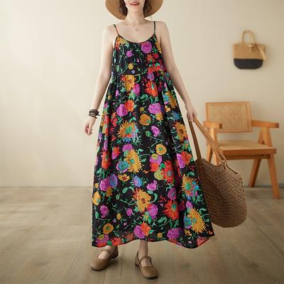 Летнее новое литературное и ретро пуловер топик на бретелях свободного большого размера А-силуэта без рукавов женское платье