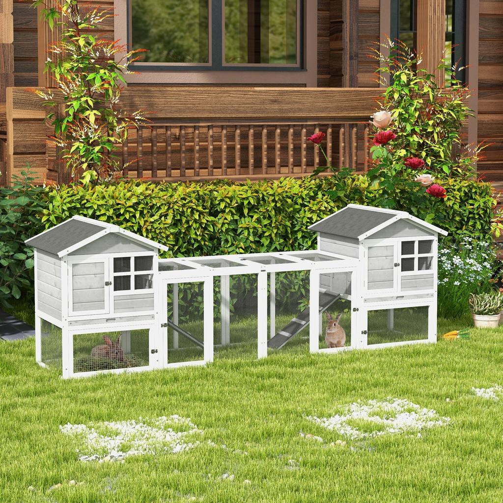 Small animal hutch, rabbit hutch, outdoor enclosure, stable, ramp, extendable floor trays, white + grey