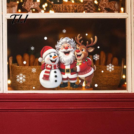 Easy Install Holiday Accents Christmas Window Clings, Peel And Stick Winter Santa Snowman Reindeer DIY Festive Home Supplies Decals, PVC Xmas
