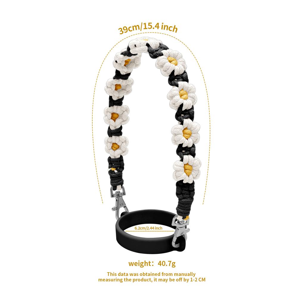 Handmade Macrame Daisy Drink Carrier with Adjustable Hand Strap Coffee Cup Sleeve Reusable Caddy for Boba Tumbler