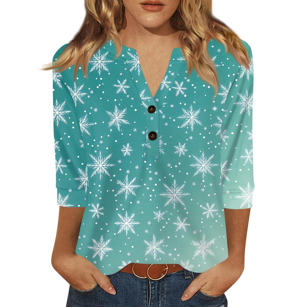 Женская футболка с рождественским принтом, на пуговицах, рукав 3/4, повседневная, выходного дня, модная, базовая, с V-образным вырезом, стандартный топ