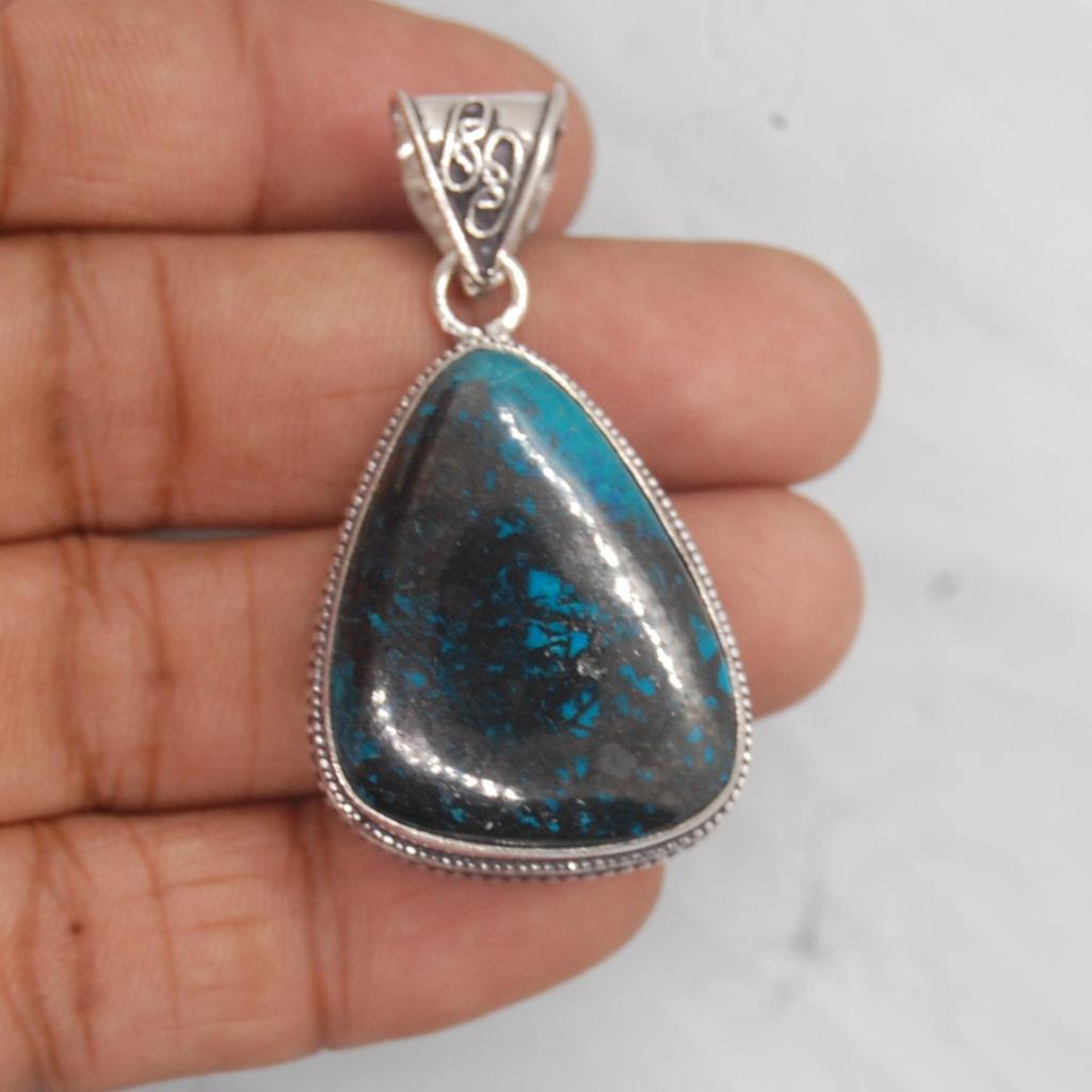 Natural Green Black Chrysocolla Gemstone 925 Sterling Silver Pendant Jewelry, Boho Style Chrysocolla Handmade Ring Jewelry