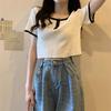 Square Neck Color Blocked Short Sleeved T-shirt for Women In Summer French Style Spicy Girl Knitted Base Shirt Front Shoulder Top