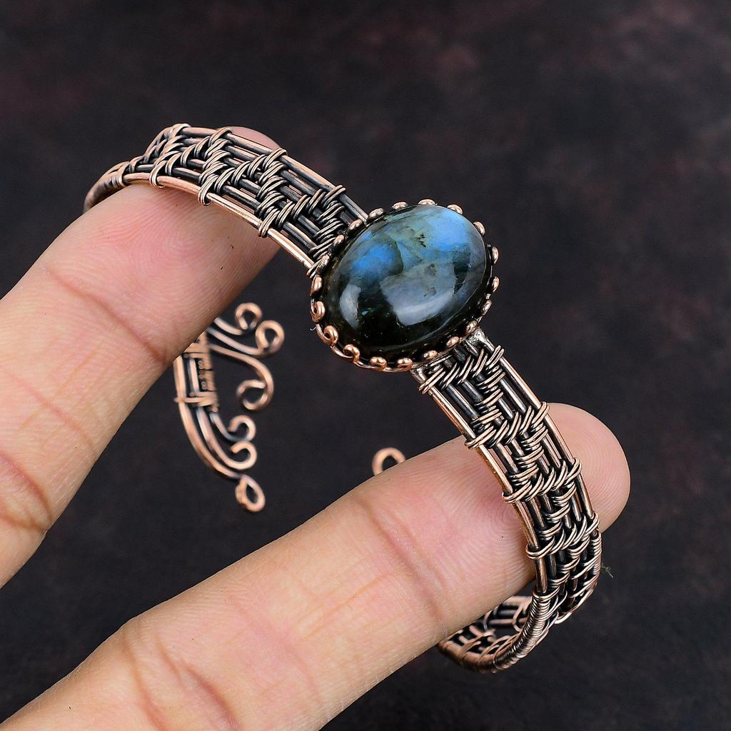 Браслет из лабрадорита, браслет-манжета из медной проволоки, ювелирные изделия из лабрадорита, регулируемый браслет, браслет-манжета из драгоценных камней, браслет ручной работы для подарка